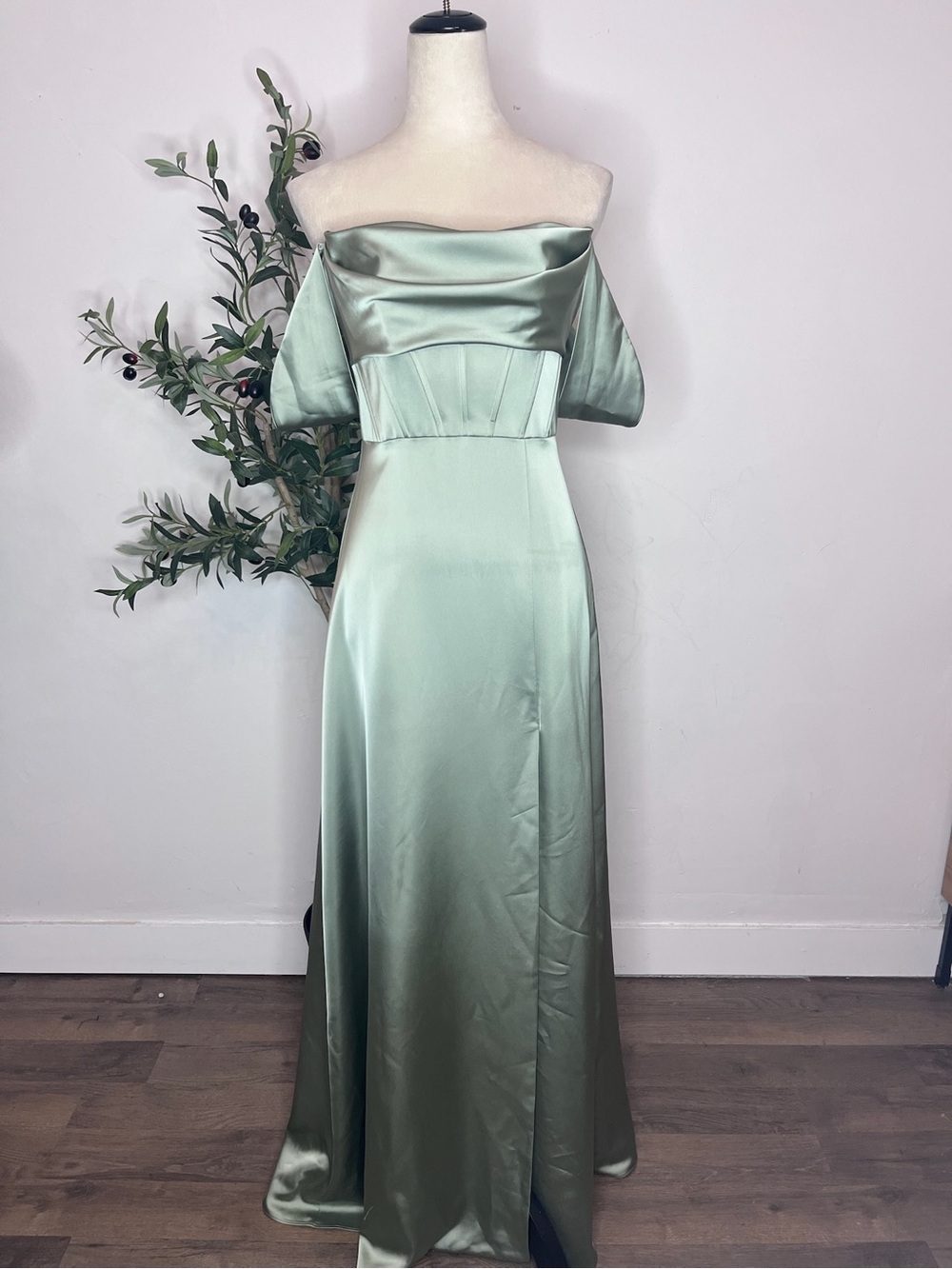 After Six Satin Strapless Evening Gown in Sage Green